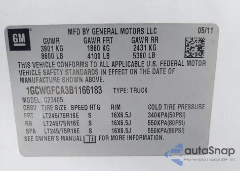 2011 Chevrolet Express 2500 Work Van z USA, uszkodzony, nr VIN 1GCWGFCA3B1166183